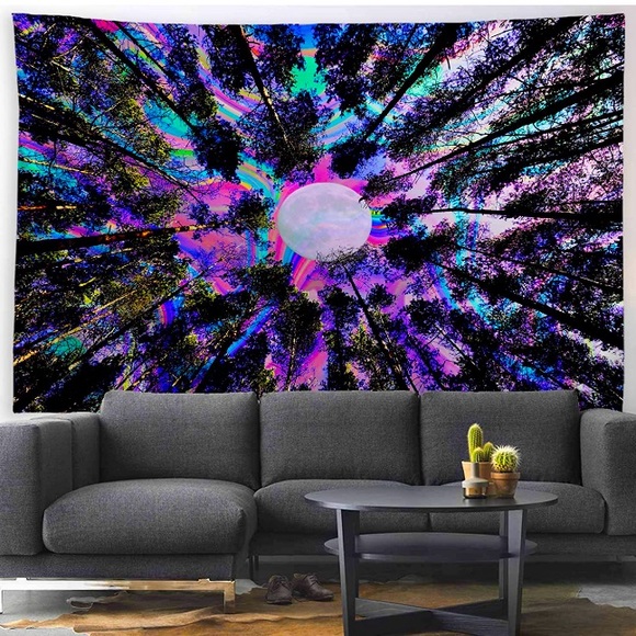 Retro Trippy Neon Forest Colorful Hallucinating Tapestry Room/Dorm Wall Art/Deco - Picture 2 of 6